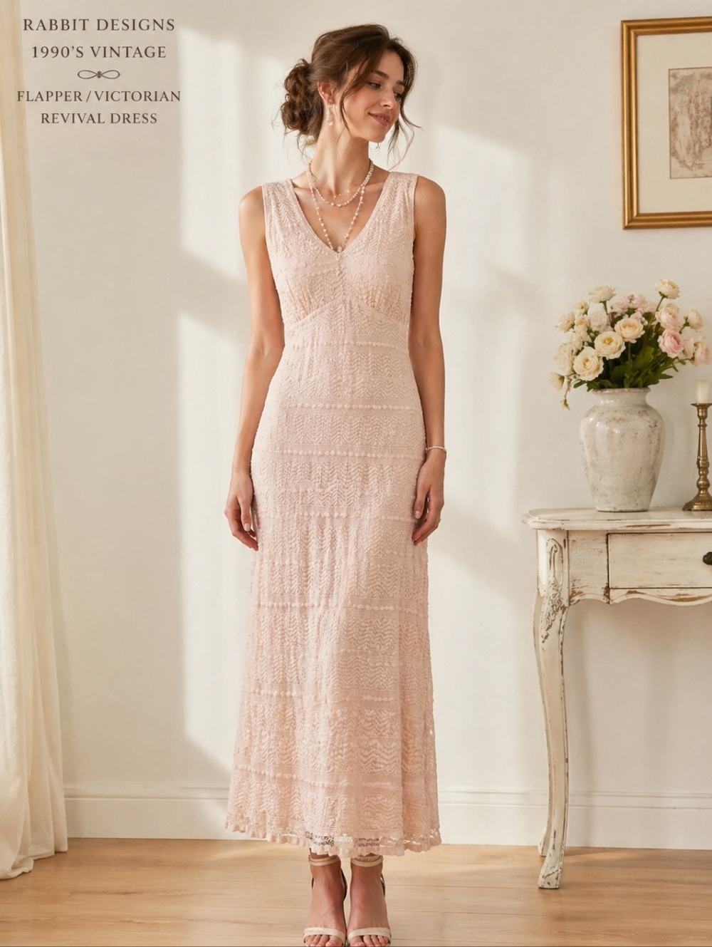 90s Rabbit Retro Lace Sheath Gown | Flapper/Victorian